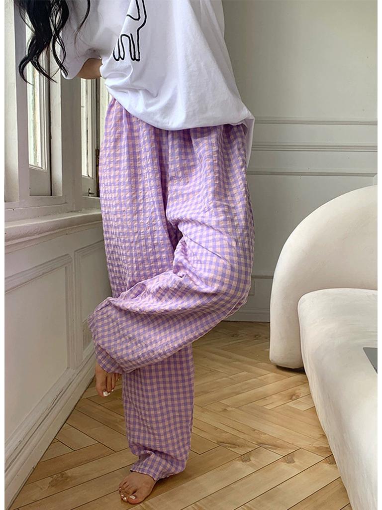 Dopamin Karomuster Weitbeinige Damen Hose - Frühling/Herbst, Hohe Taille, Gerades Bein, Lässig