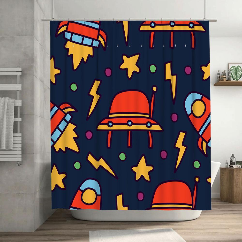 Stylish Space Pattern Shower Curtain For Bathroom Decoration Waterproof Fabric With Hooks
