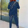 Women Plus Size Red Navy Star Printed Two Piece Set Round Neck Long Sleeve Top Fitted Pants