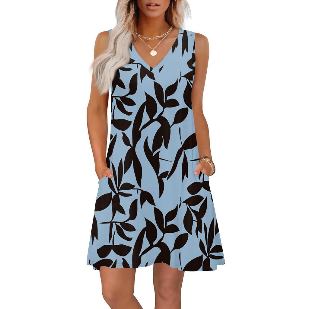 Women's Summer Dresses Loose Fit Printed V Neck Sleeveless Sundresses Beach Hawaiian Dress With Pockets