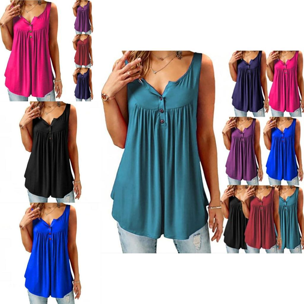 Eleganti Bluse Tunica Svasate da Donna con Scollo O e Volant in Chic Design Senza Maniche con Bottoni