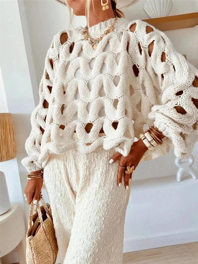 Cardigan Pulover Casual Tricotat cu Decupaje pentru Femei cu Mânecă Lungă
