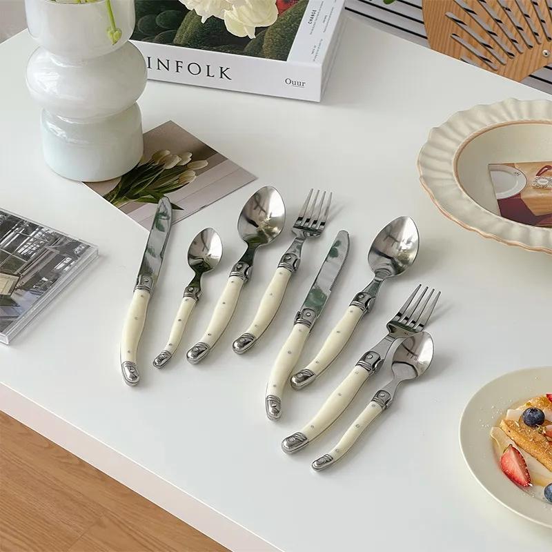 6/24pcs Laguiole Table Flatware Set Off-white Steak Knives Forks Spoons Set Pretty Stainless Steel Cutlery