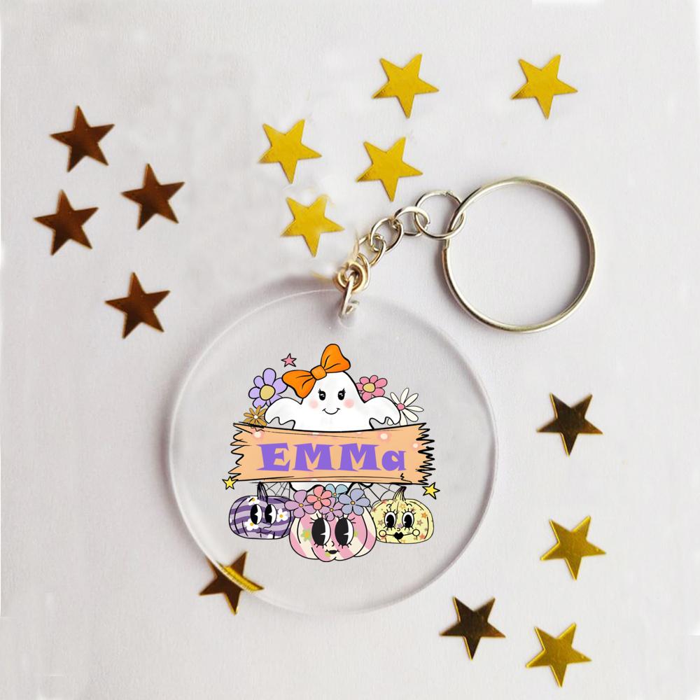 Personalized Halloween Ghost Keychain | Custom Name Round Shape Keychain,Spooky Trick-or-Treat Favor