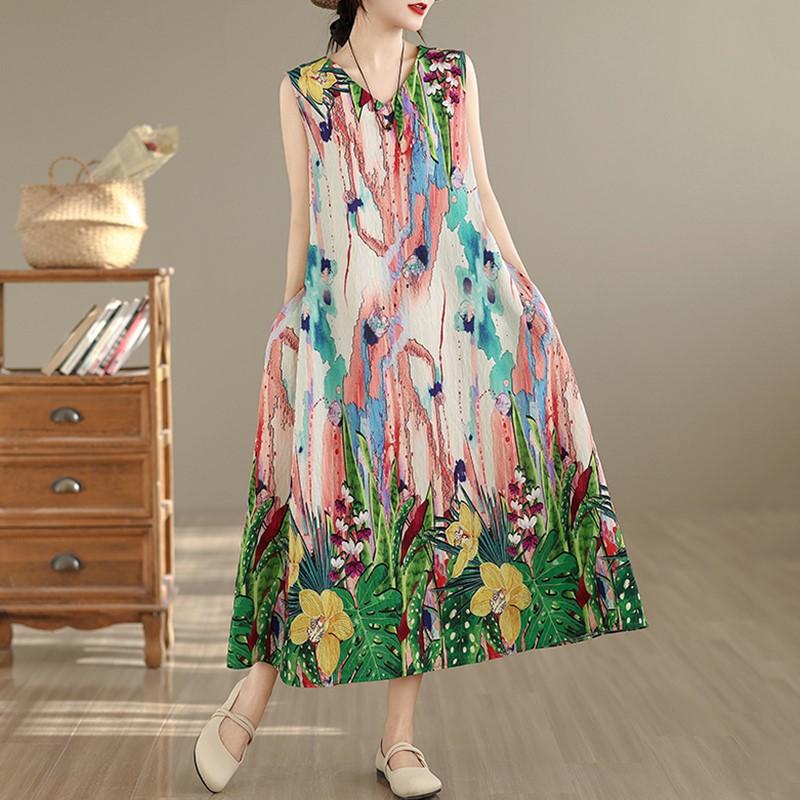 Sleeveless Plus Size Cotton Vintage Floral New In Dresses for Women Casual Loose Long Summer Dress