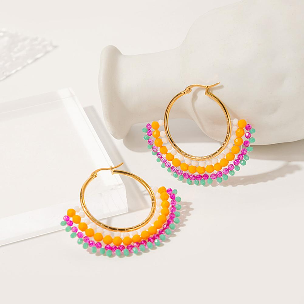 Fashion Retro Earrings For Women Elegant Geometric Round Hand-made Beaded Contrast Color Pearl Earrings