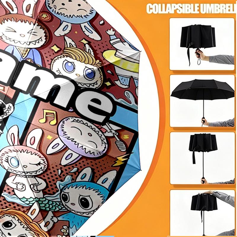 Custom Name Personalized Labubu Print Umbrella, Auto Open Close, 8‑Rib Sturdy Frame, Commute Camping Hiking Use, Birthday Gift