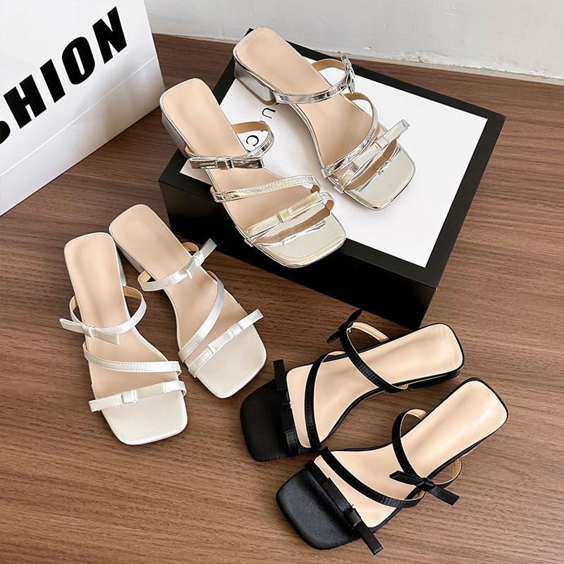 Fairy style bow outer wear 2025 new thick heel women's shoes spring and summer one-word sandals silver sandals square head