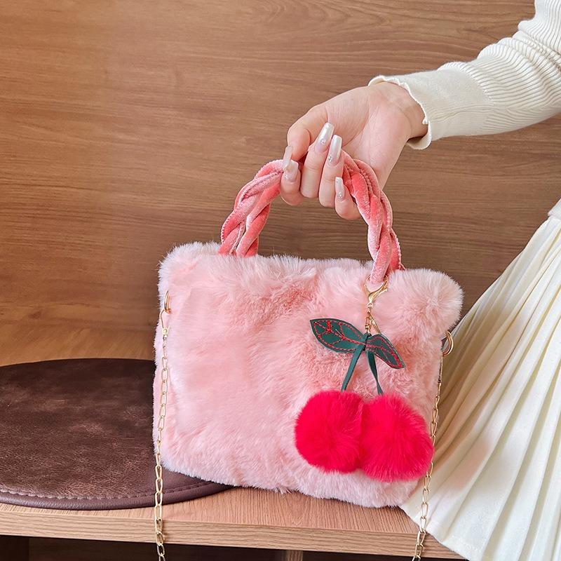 Cute Cherry Design Girl Plush Handbag Autumn New Mao Mao Women Shoulder Messenger Bag