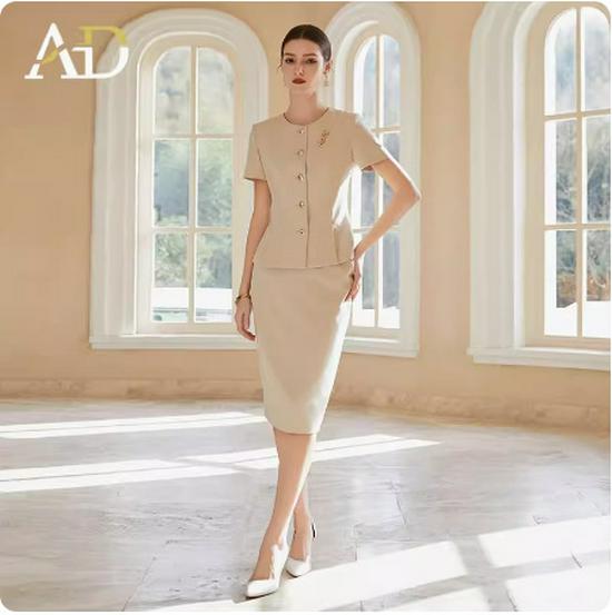 Beige Korean Style Summer Blazer Workwear Set with Short Sleeves