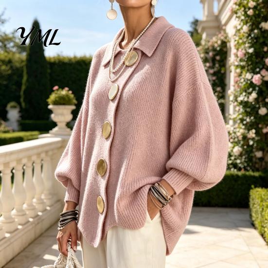 Women Knit Cardigan Oversized Sweater, Collared Top with Large Metal Relaxed Fit Buttons, Loose Lantern Sleeve Casual Sweater for Spring Autumn Button