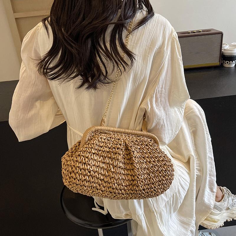 Summer Beach Fashion Hollow Out Women Clip Woven Shoulder Bag Straw Weave Chain Casual Crossbody Bags