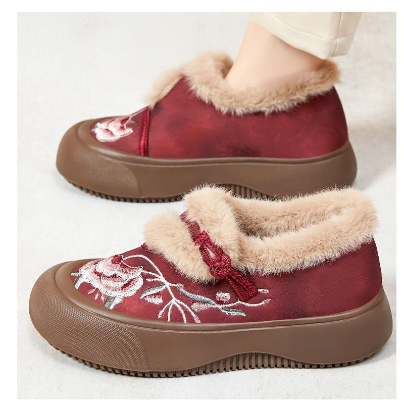 Cotton Shoes Women's Winter Embroidered Fur Shoes Warm Snow Boots with Fleece Thickened Cotton Boots Thickened with Thick Soles and Heightened Boots