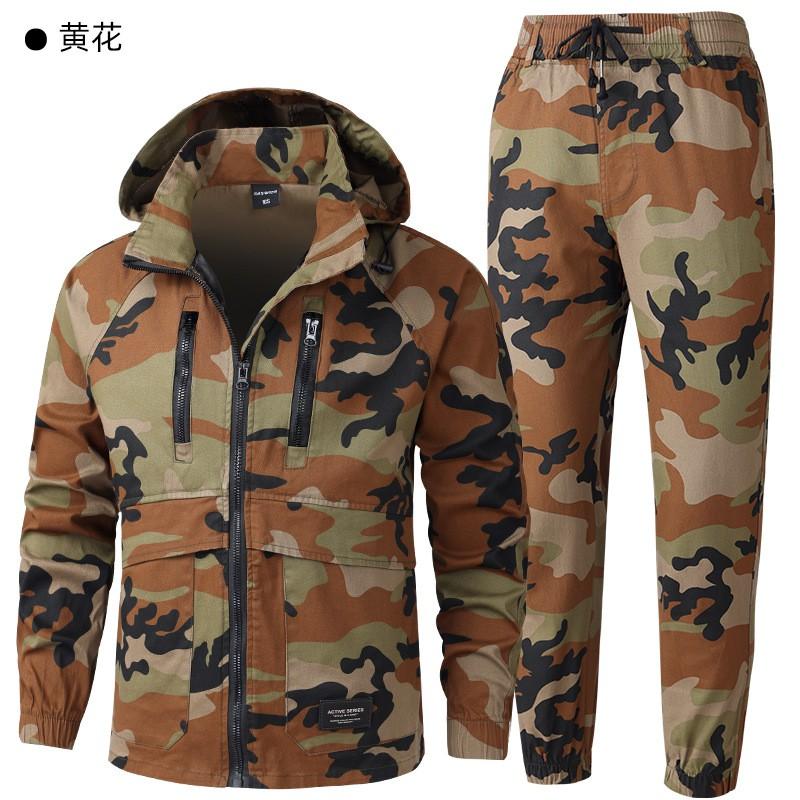 Mens Outdoor Hiking Suit With Raglan Sleeves Detachable Hood Large Pockets Zippered Leg Camo Workwear