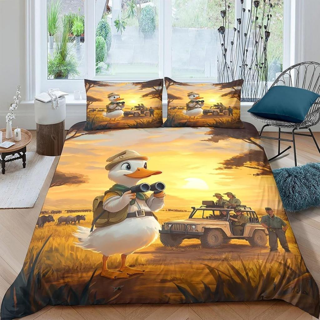 Duck Cartoon 3D Printed Duvet Cove, Microfiber Easy Care Bedroom Decor Funny Animal Illustration Comforter Cover And Pillowcase