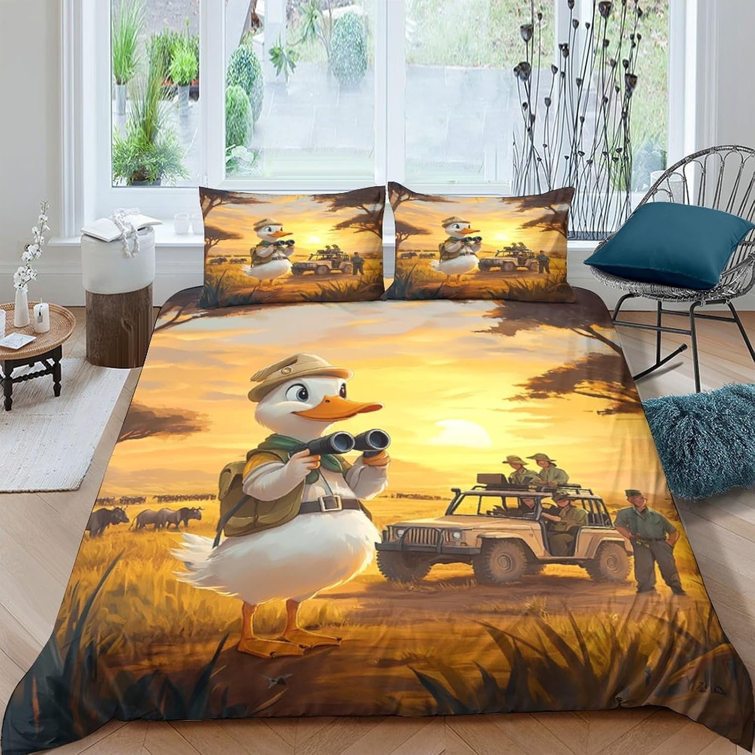 Enten-Cartoon 3D-bedruckte Bettbezug, Mikrofaser pflegeleicht Schlafzimmerdekor Lustige Tierillustration Bettdeckenbezug und Kissenbezug 90x200cm 2pcs&Duvet Cover