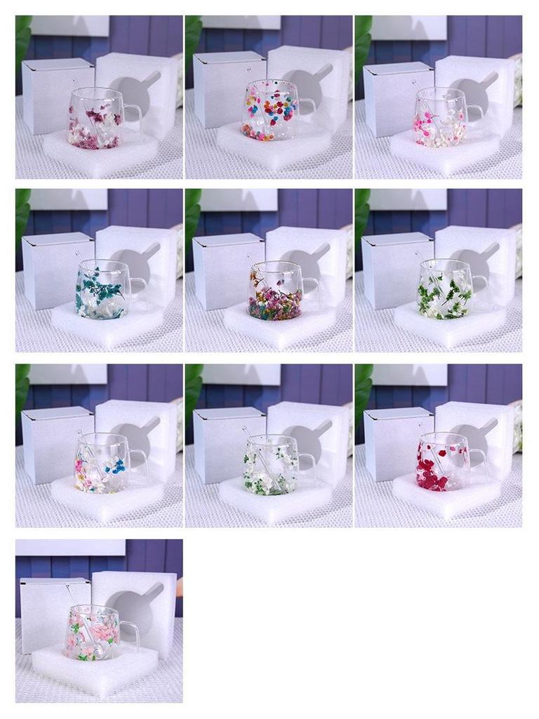 Luxury Double-Layer Glass Cup with Real Flowers and Quicksand Design
