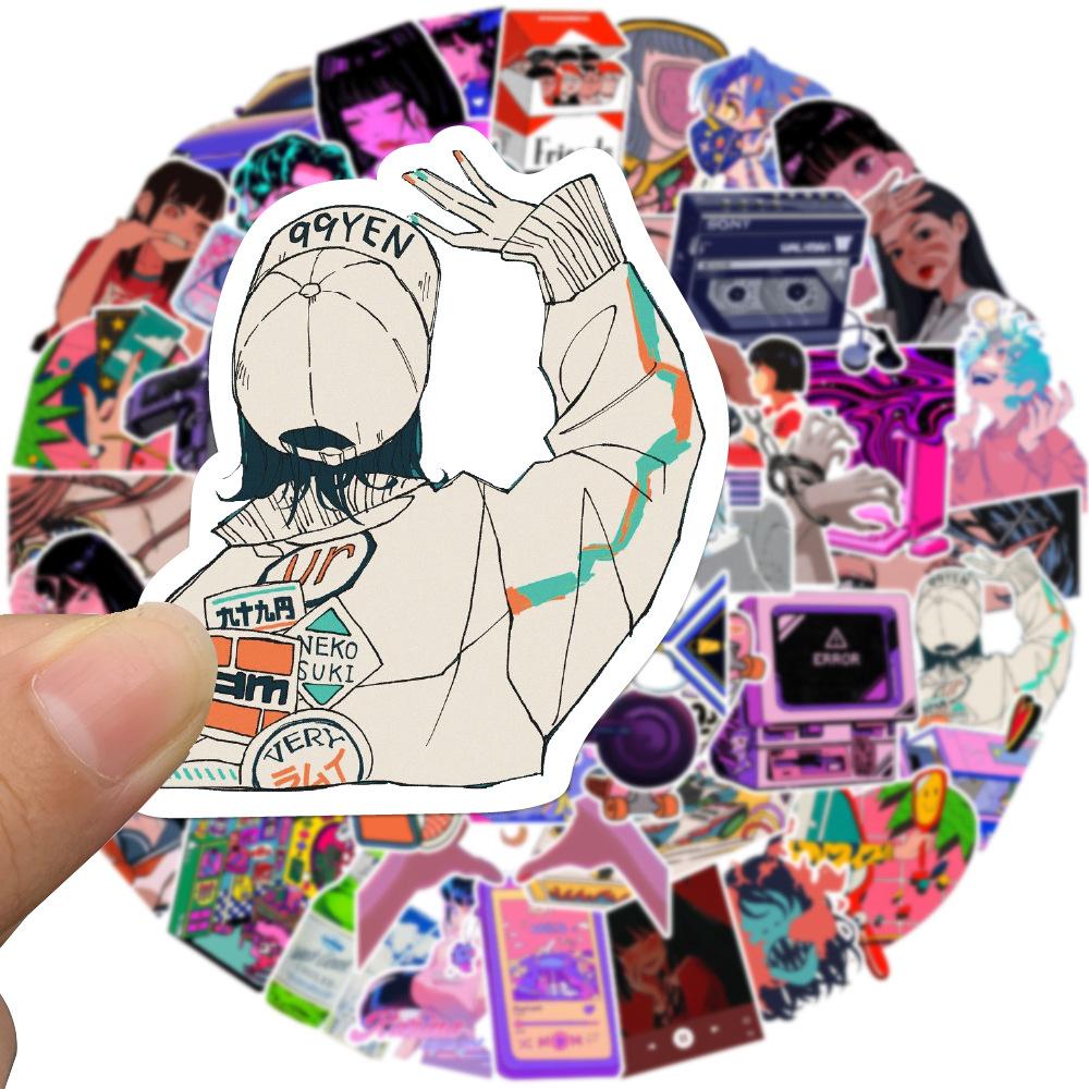 50 Pictures of Urban Cool Cartoon Girl Doodle Stickers Decorative Guitar Notes Suitcase DIY Waterproof