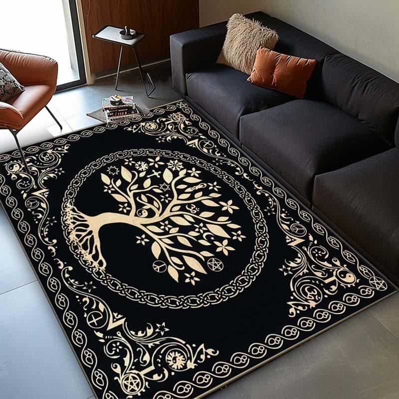 Lebensbaum Schwarz-Gold Teppich - Teppich im Bohème-Stil für Wohnzimmer, Spirituelle und Mystische Dekoration Rutschfester Teppich