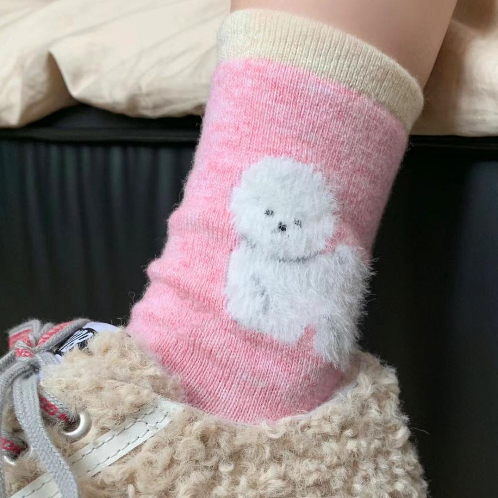 3 Par Söta Valp Fleece Strumpor Dam Höst och Vinter Tjocka Varma Mellanlånga Strumpor Parti