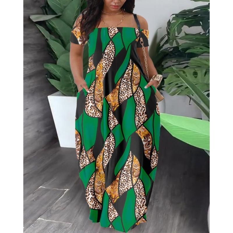 Women's Fashion Summer Spring Colour Block Print Short Sleeve One Shoulder Loose Waistlinet Casual Dresses