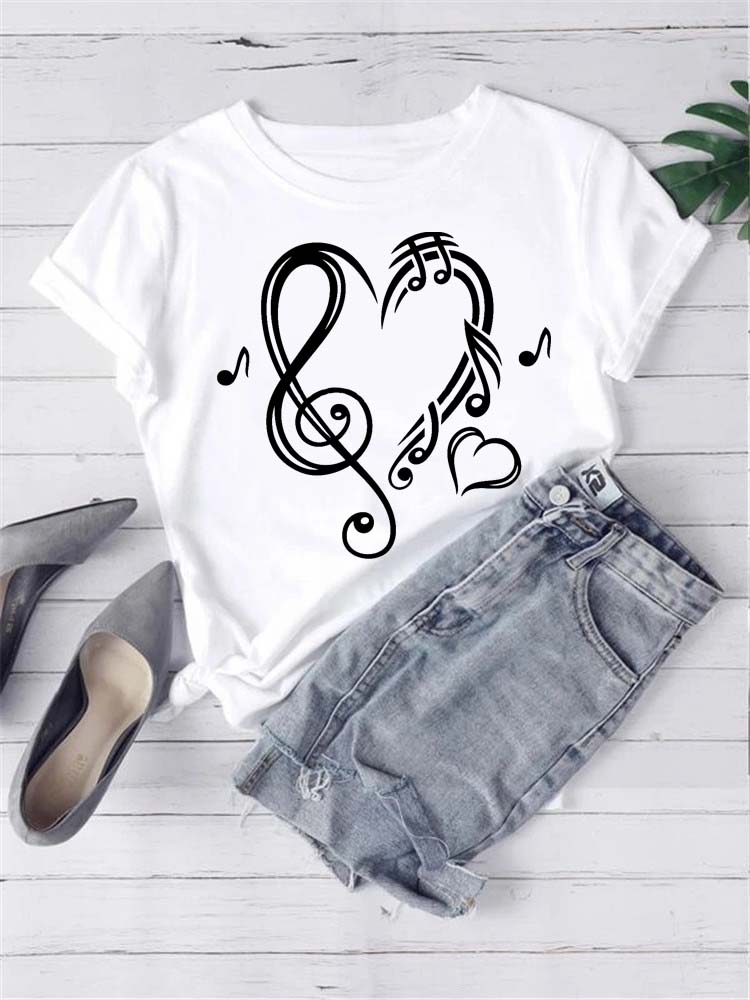 T-shirt Mode Femme Imprimé Notes de Musique T-shirt Décontracté Hauts Noirs Années 90 Dames Filles T-shirt FeUnisex Harajuku T-shirt Graphique