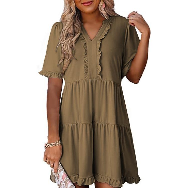 Women Short Sleeve V Neck Ruffle Hem A Line Midi Dress Multi Color Casual Flowy Dress