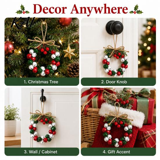 Decorative Bow Bells Mini Jingle Christmas Wreath, Rustic Metal Bell Hanging Wreath with Faux Pine Branch, Entryway Ritual Decor Red Berries And Jute
