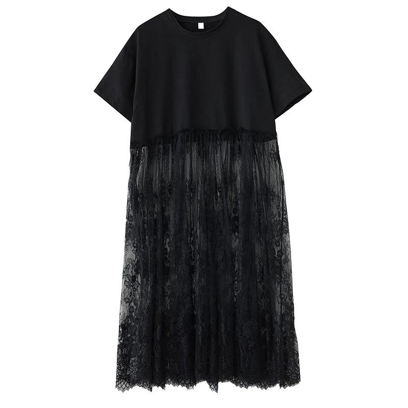 

XITAO Patchwork Lace Short Sleeve Dress ZMY1214 One Size чёрный