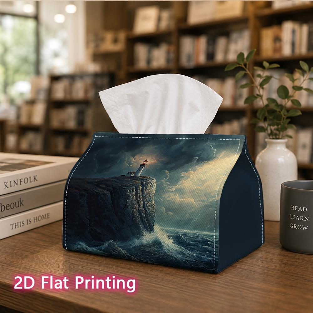 1pc, 2D Flat Printing, Tissue Box The Lighthouse on The Cliff Is Patterned in The Stormy Ocean Printed Tissue Box, Suitable for Bathrooms, Living Room