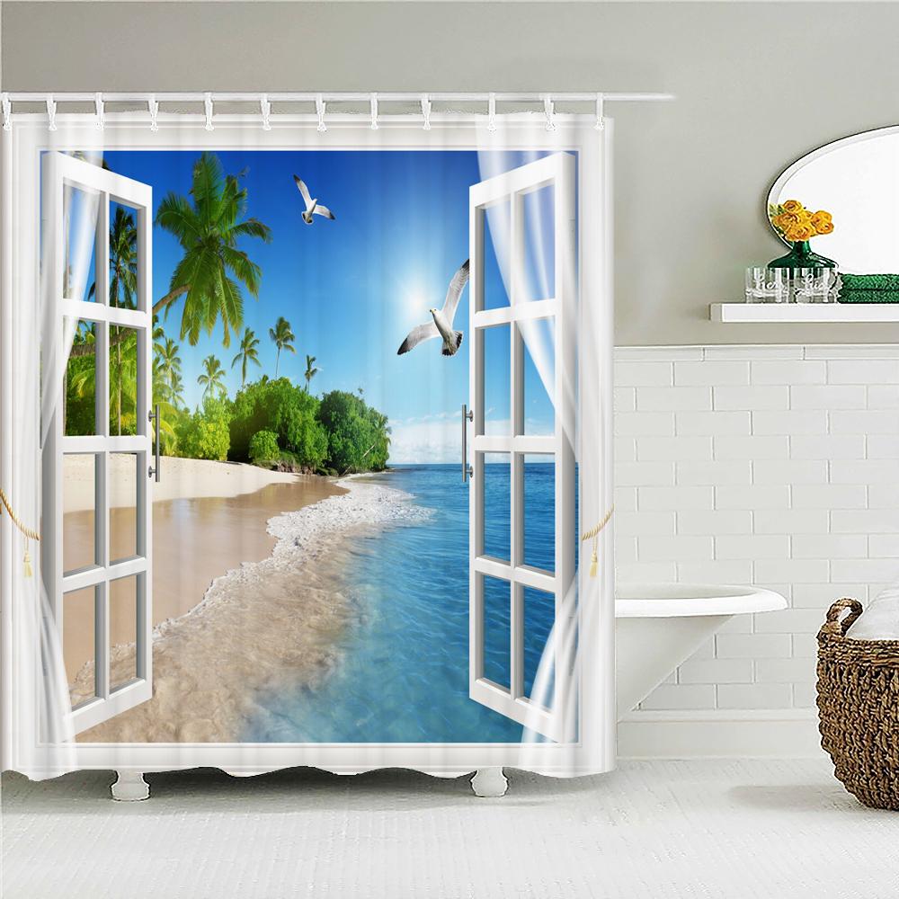 Sunny Beach Seaside Scenery 3D Printing Shower Curtain Large Size 300x180cm Waterproof Polyester Home Decor Curtain With Hooks