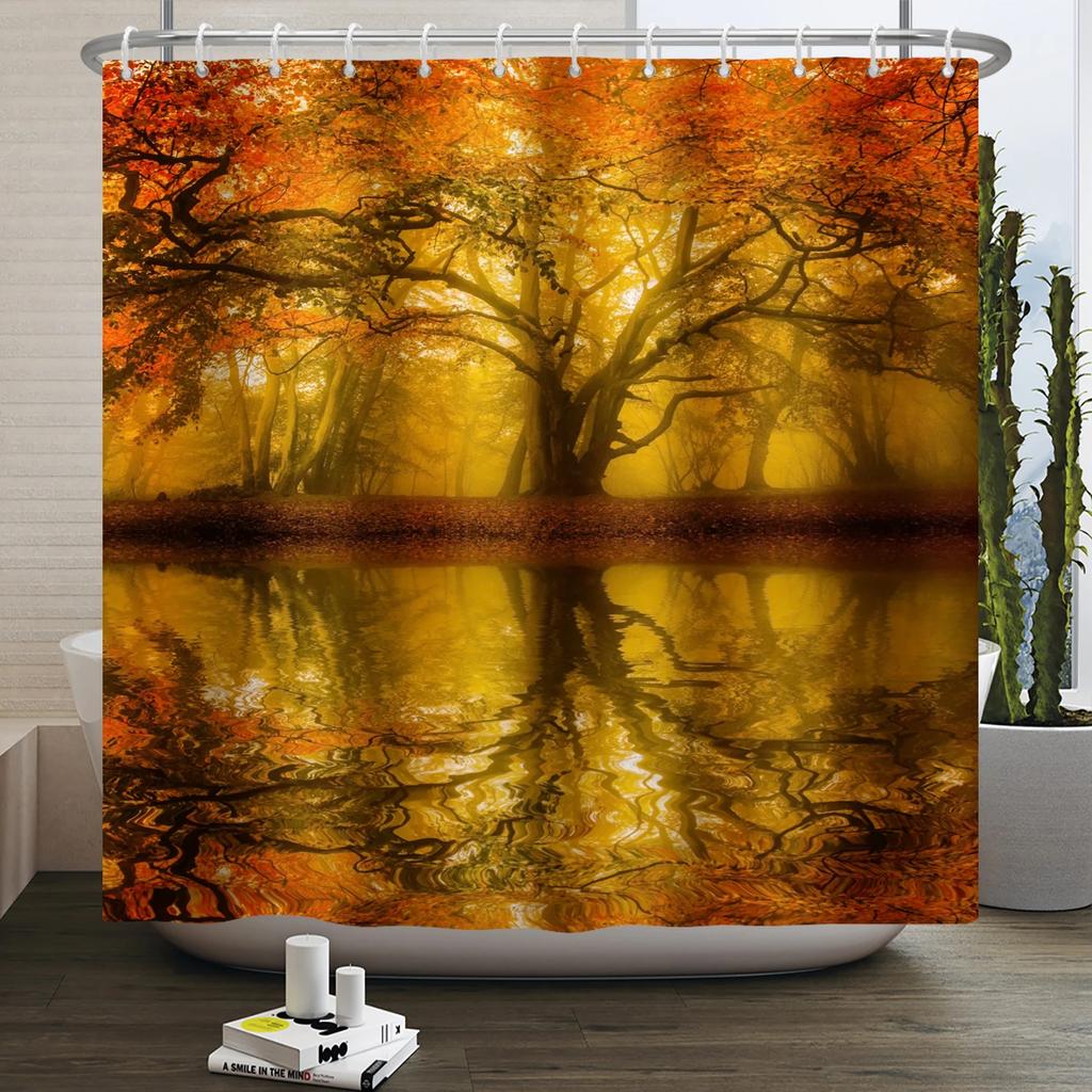 Autumn Forest Maple Shower Curtain Natural Jungle Leaves Pumpkin Fall Bathroom Shower Curtain Waterproof Shower Curtain Decor