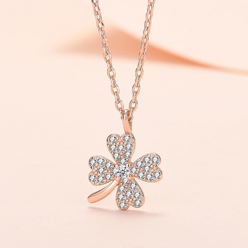 Four-leaf clover necklace, women's tide lucky grass, zircon pendant, collarbone chain jewelry.