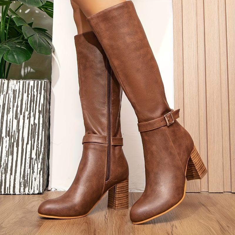 Dámské Elegantní Robustní Boty na Vysokém Podpatku - Hnědý Umělý Svršek, Zapínání na Zip, Celoroční Svatba, Párty, Formální Obuv - Pevné Podpatky pro Každodenní Nošení