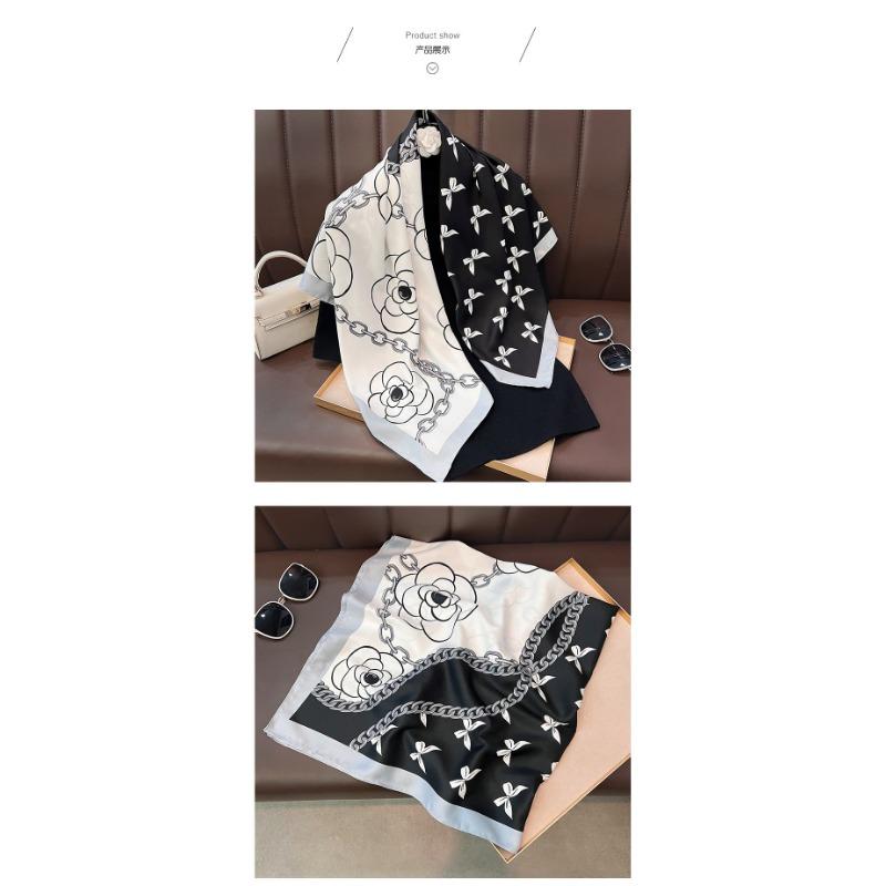Korean Fashion Vintage Elegant Camellia Printed Square Scarf For Women