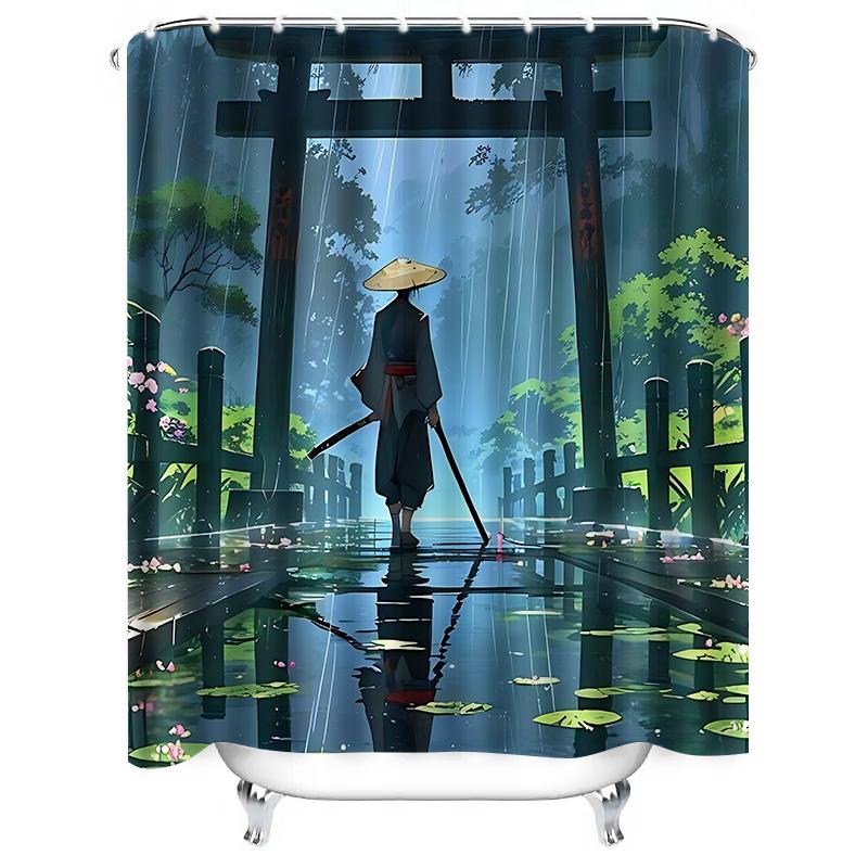 Duschvorhang im japanischen Stil Samurai-Szene Wasserdichtes Gewebe Kreative Heimdekoration Einzigartiges Design Wasserdicht Langlebig Leicht zu reinigen