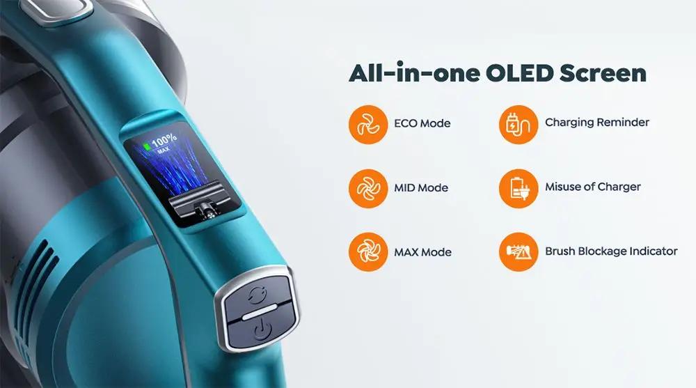 VC60, 38kPa Suction, 55min Runtime, HEPA Filtration, Smart OLED Display, 7*2500mAh Lithium Battery, 4-5 Hours Charges
