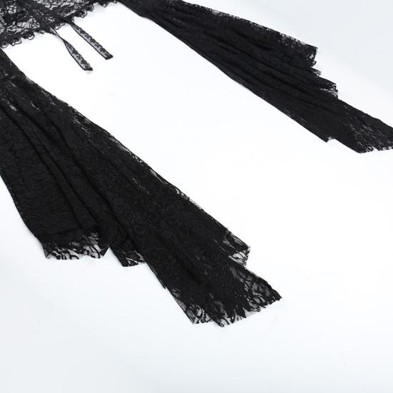 Vintage Gothic Schwarzes Spitzen-T-Shirt, elegantes Smock-Top mit ausgestellten Ärmeln, durchsichtig, sexy, abgeschnittene Tops, Cardigan, Streetwear