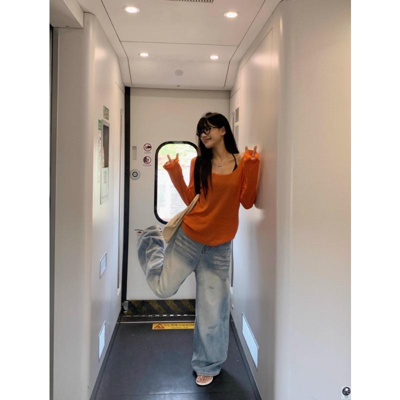 Summer Thin Long-sleeved Sun Protection Cover-up T-shirt Women's Loose Casual Off-shoulder New Top