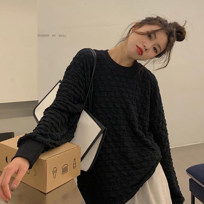 Korean Jacquard Pleated Pullover Hoodie - Autumn/Winter 2023 Chic Casual Soft Thick Top