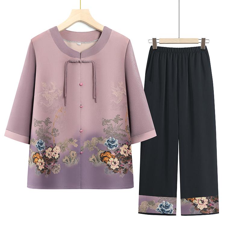 

Summer 2026 Embroidered Short Sleeve Suit for Middle-Aged & Elderly Women - Plus Size Two-Piece Set 4XL фиолетовый