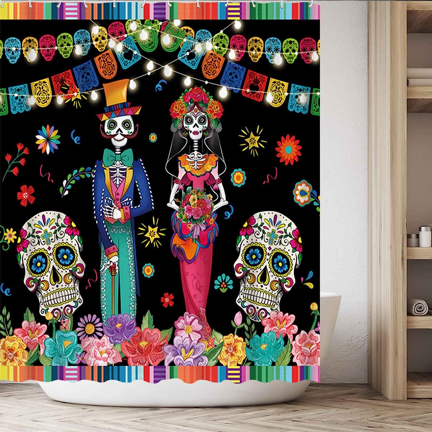 

Halloween Funny Spooky Shower Curtain Sugar Skull Flowers Mushroom Skeleton Butterfly Daisy Bathroom Decor Fabric with Hooks 35x70inch-90x180cm