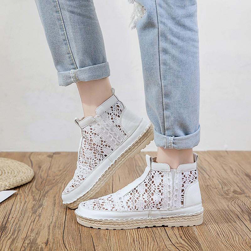 Women s Mesh Hollow Flat Lace Breathable Back Zipper High Top Sandals 35 белый