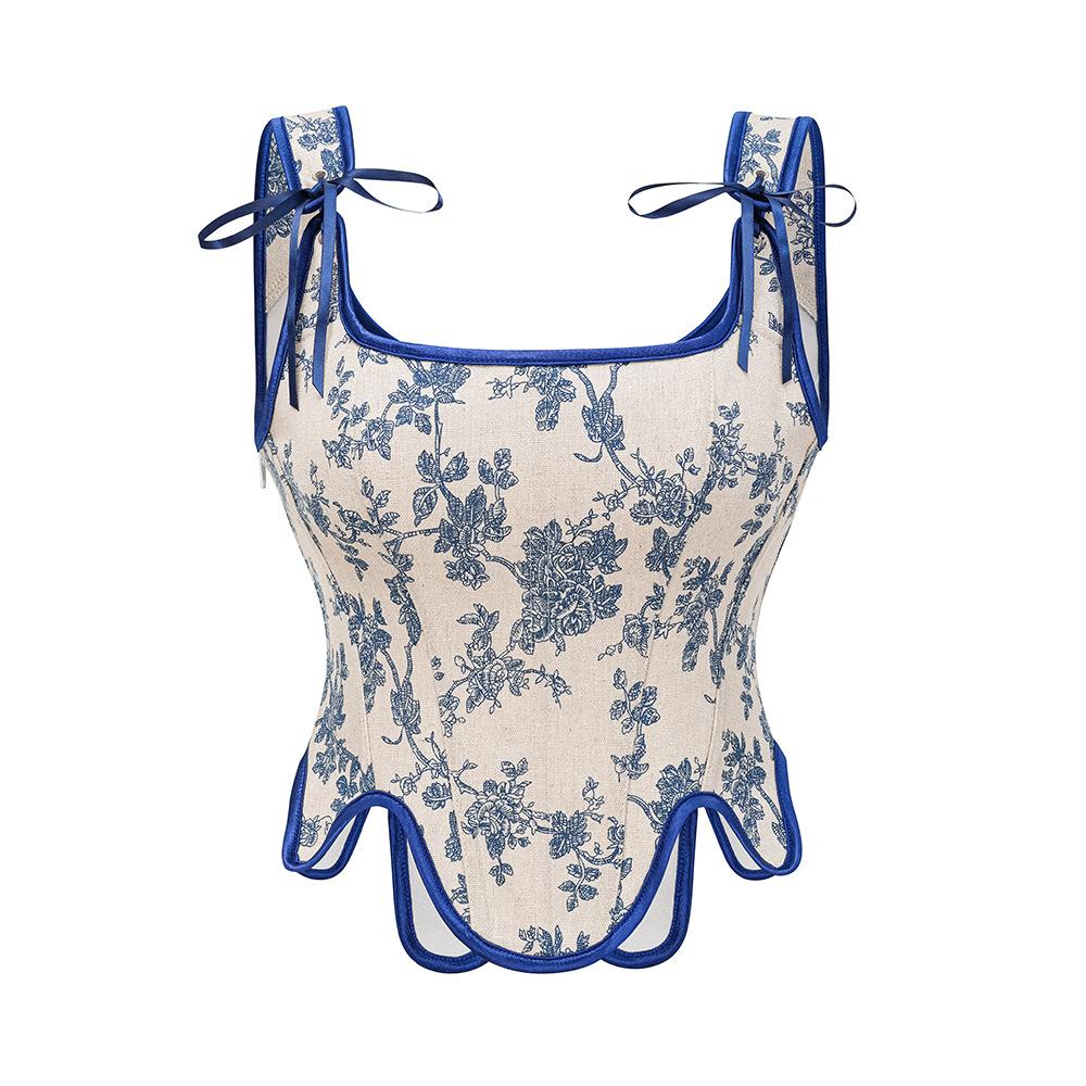 Womens Sexy Bustier Corset Top Eyelet Lace-up Floral Print Push Up Crop Tops Vintage Tank Top Party Clubwear Bodice S синий
