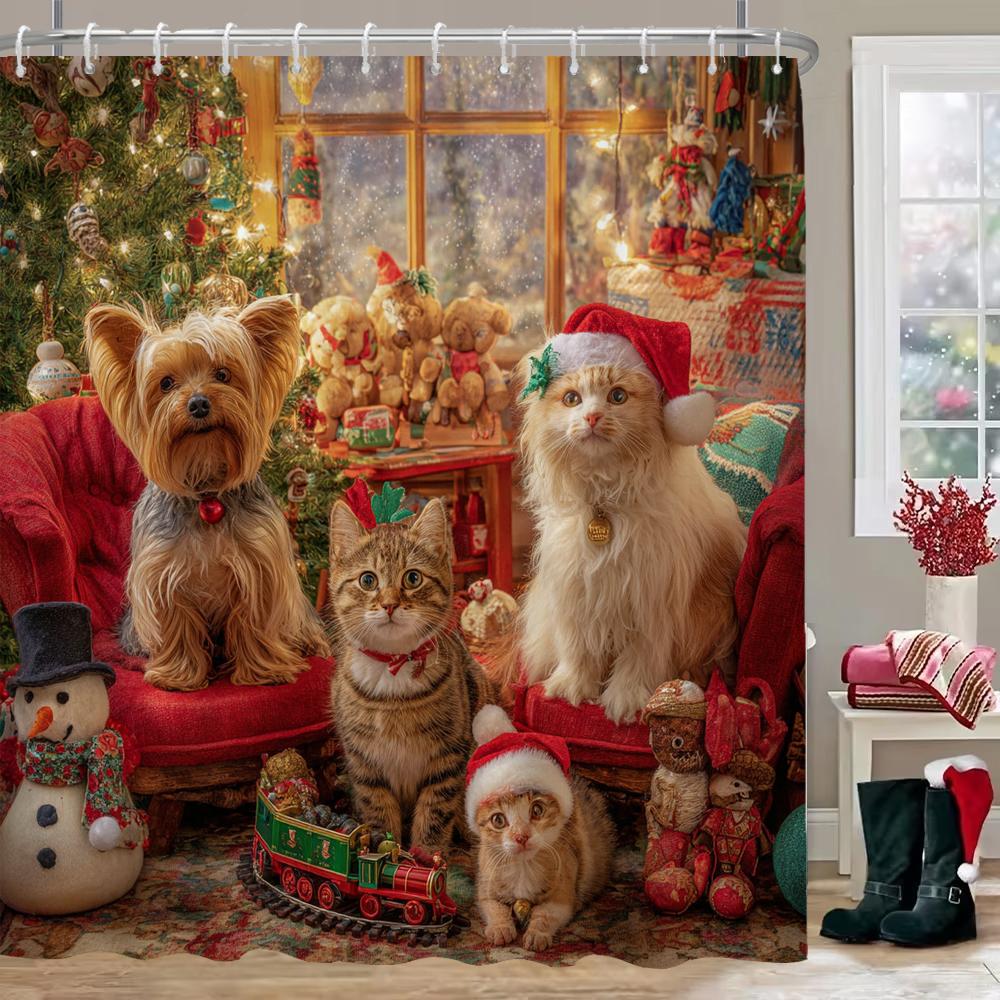 Merry Christmas dinosaur cat Print Bathing Curtain Bathroom Shower Curtain With Hooks bathroom home decor and accessories