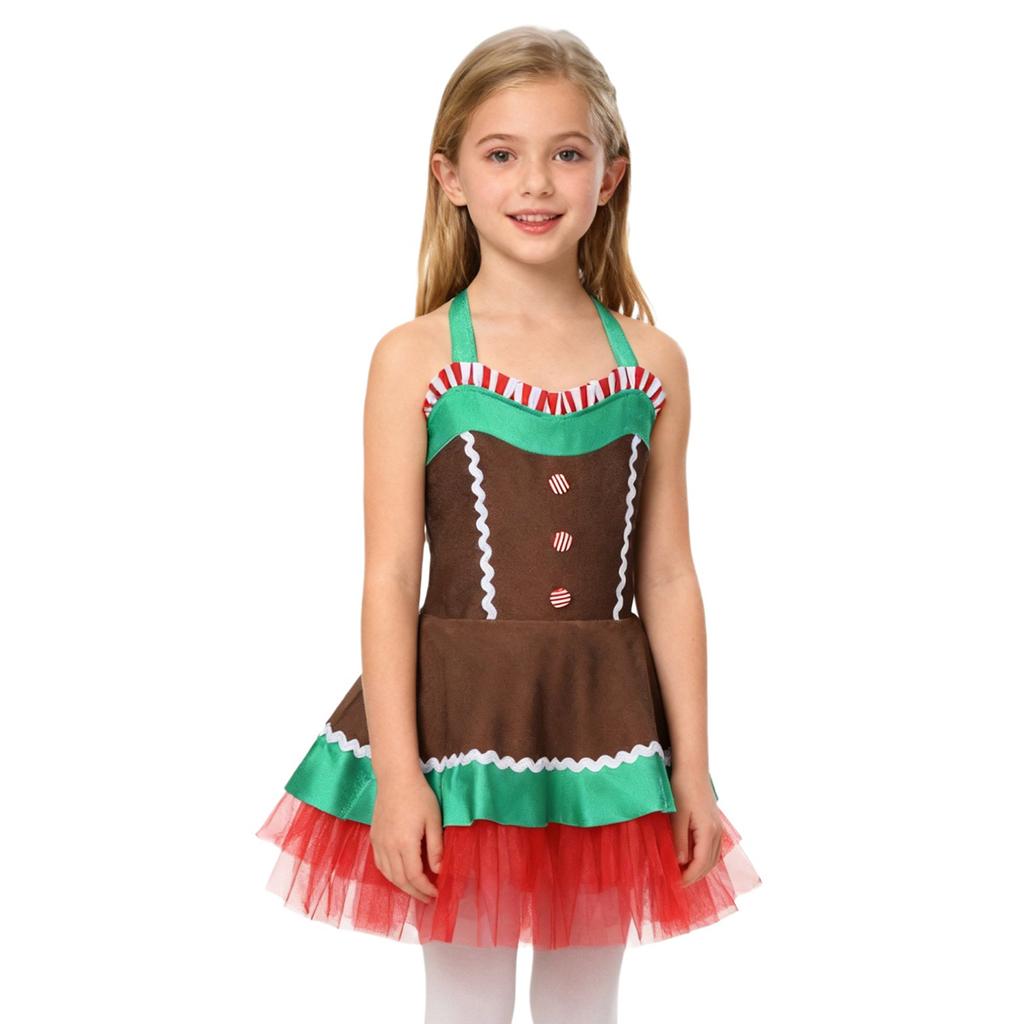 Mädchen Weihnachten Lebkuchenmann Kostüm Ärmelloses Tüllkleid Bodysuit mit offenem Rücken Feiertagsparty Verkleidung