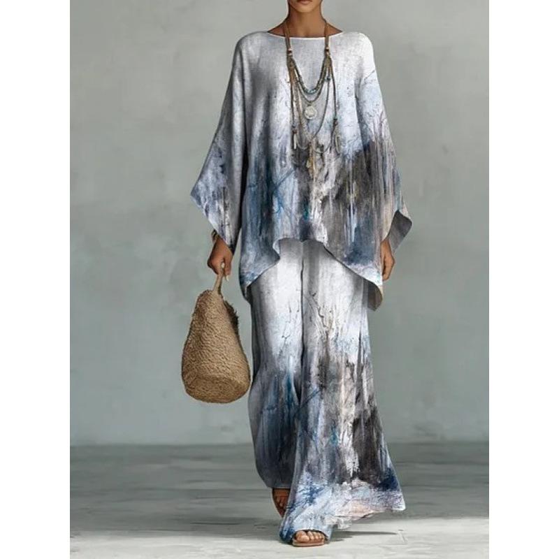 Y116 Summer Loose Bat Sleeve Top Wide Leg Pants Two-piece Women's Clothing European and American Fashion Suit
