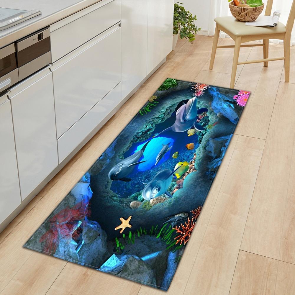 

3D Ocean World Рыба Ковролин Кухонный коврик Вход Дверной коврик Спальня Дом Украшение Пола Гостиная Ковровое покрытие Ванная комната Противоскользящий ковер