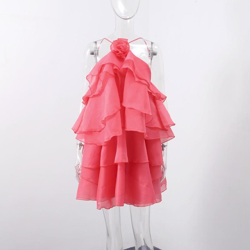 Spot summer women s clothing foreign trade new holiday style three-dimensional flower neck halter ruffle edge dress S