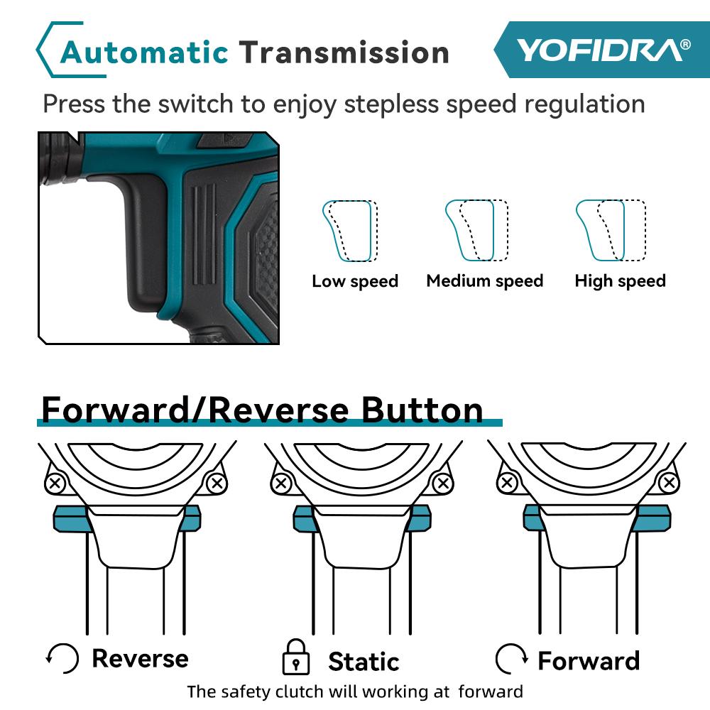 YOFIDRA Brushless 26MM Electric Hammer Impact Drill 8000IPM Multi-Screwdriver Rotary Drilling Tool For Makita 21V Battery Pin